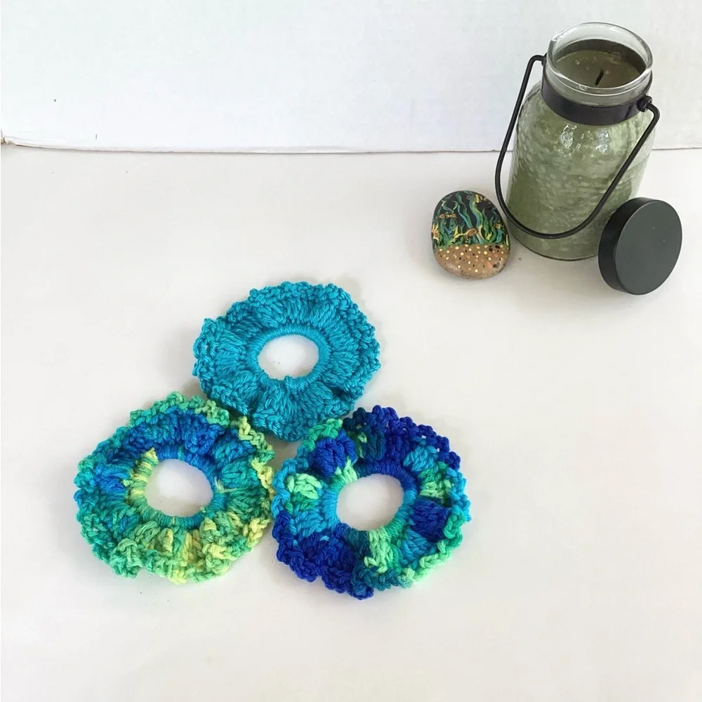 Hair Scrunchies Hand Crafted Blue Green Aquamarine Crochet Boho Messy Bun
